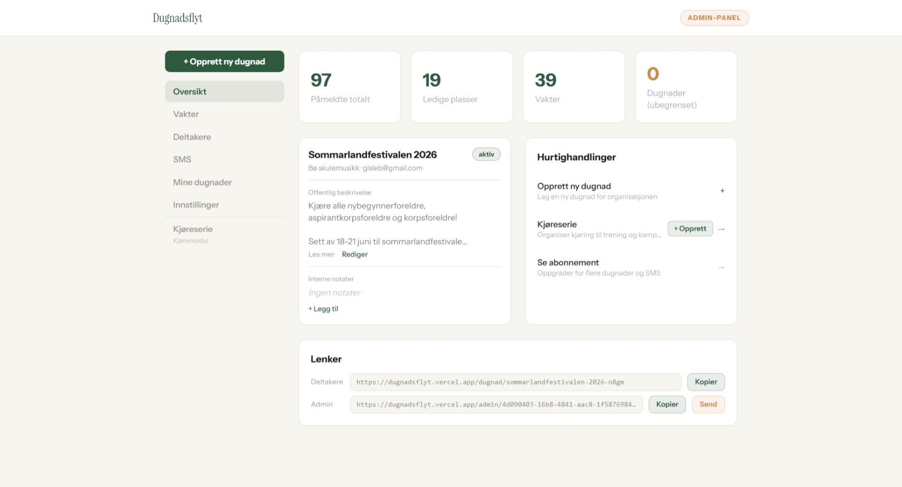 Dugnadsflyt admin panel dashboard